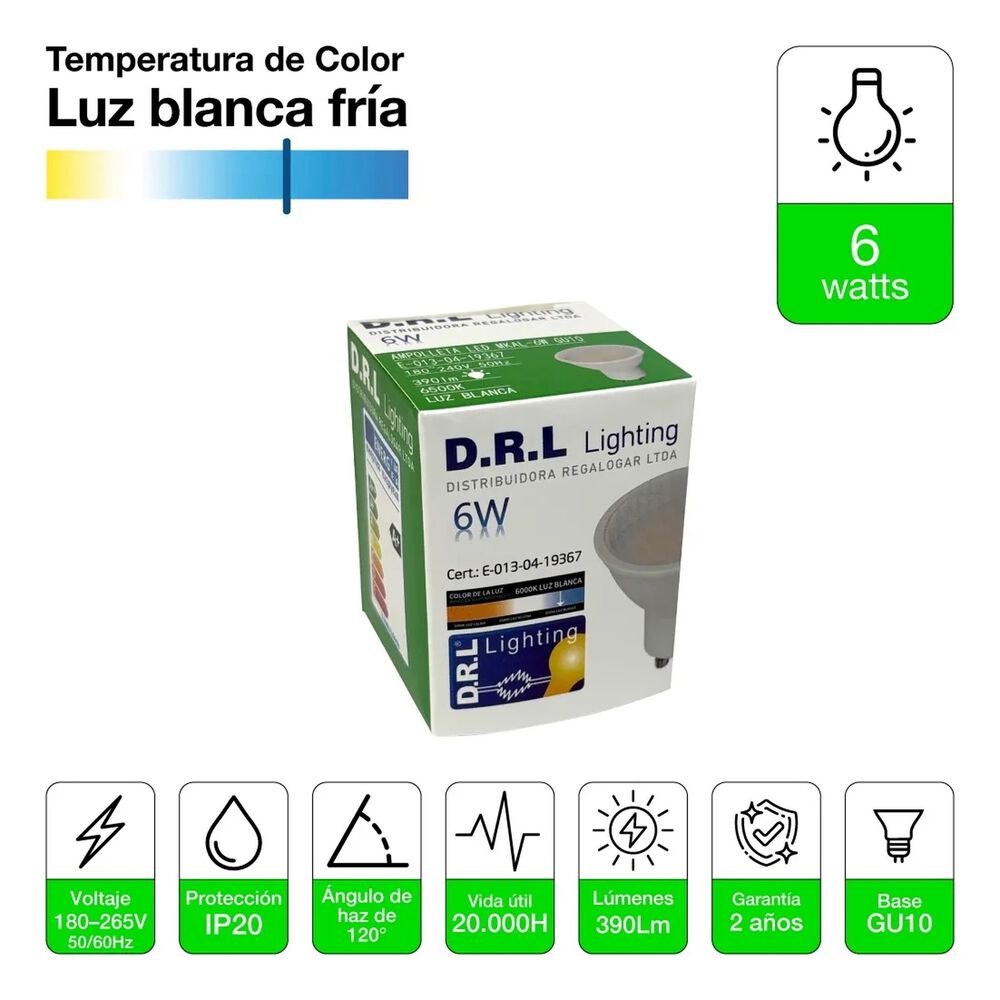 Pack 10 Ampolleta Led Gu10 Drl 6w 390lm C&aacute;lida/blanca Sec image number 1.0